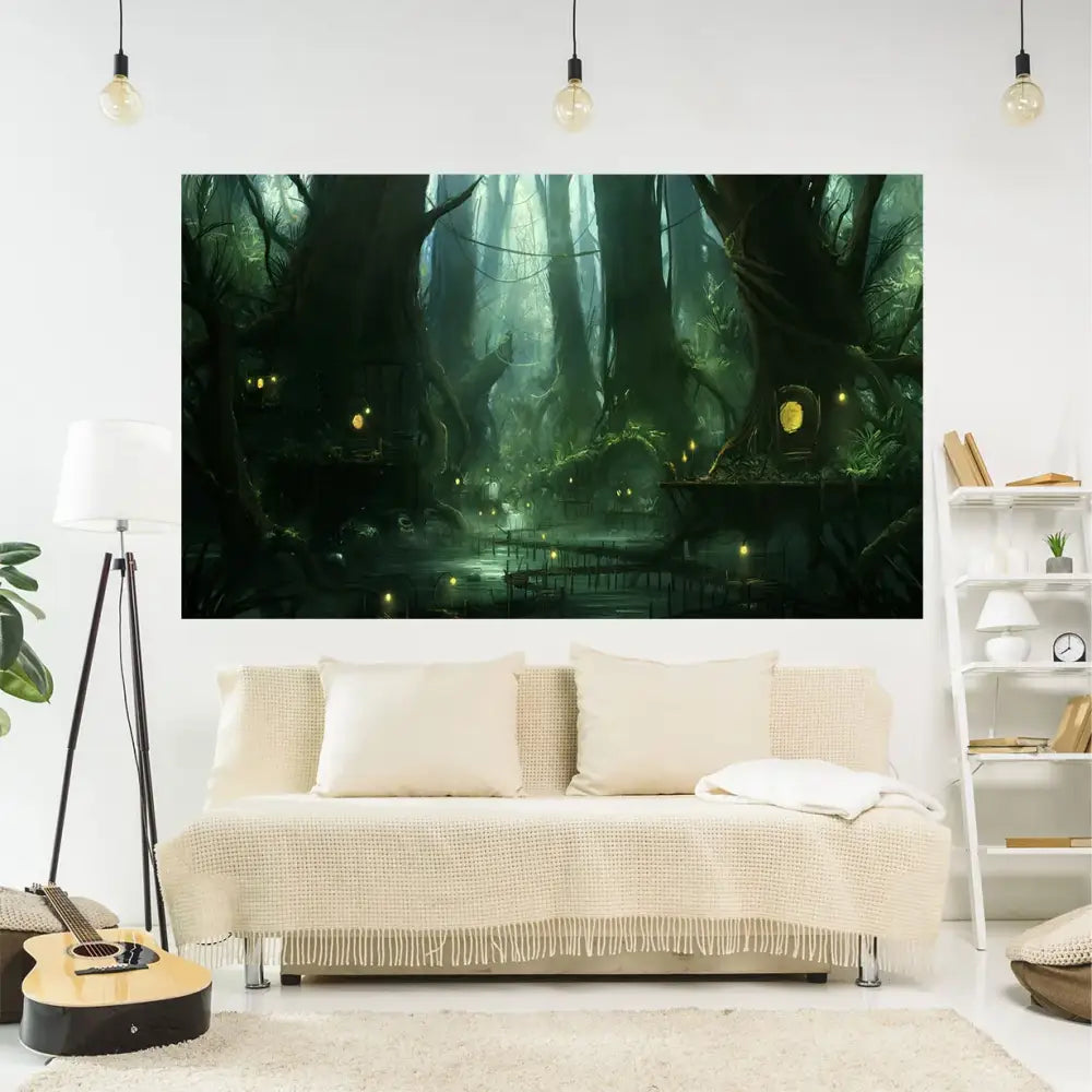 A large rectangular enchanted swamp tapestry wall mural with glowing green lights and towering trees for living room decor