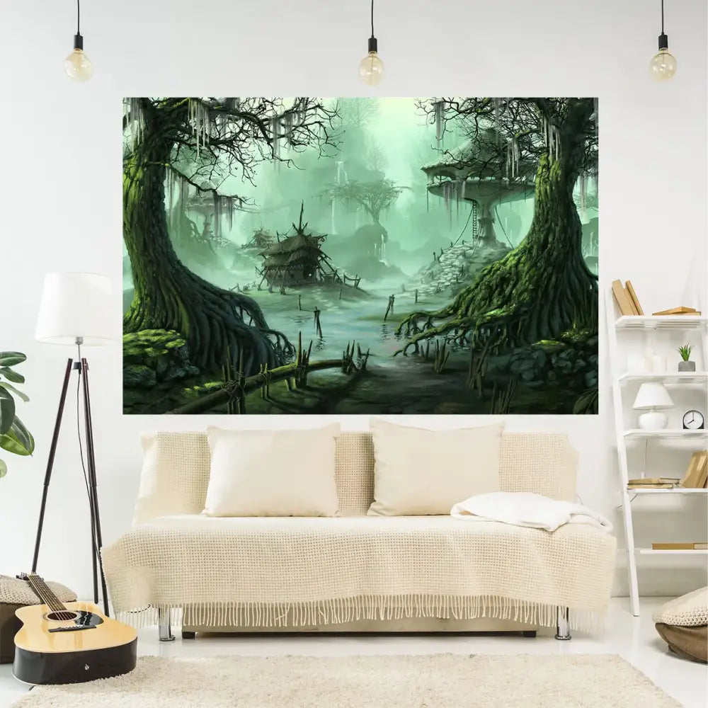 Green mystical enchanted swamp tapestry hanging above a beige sofa for living room decor and yoga mat use