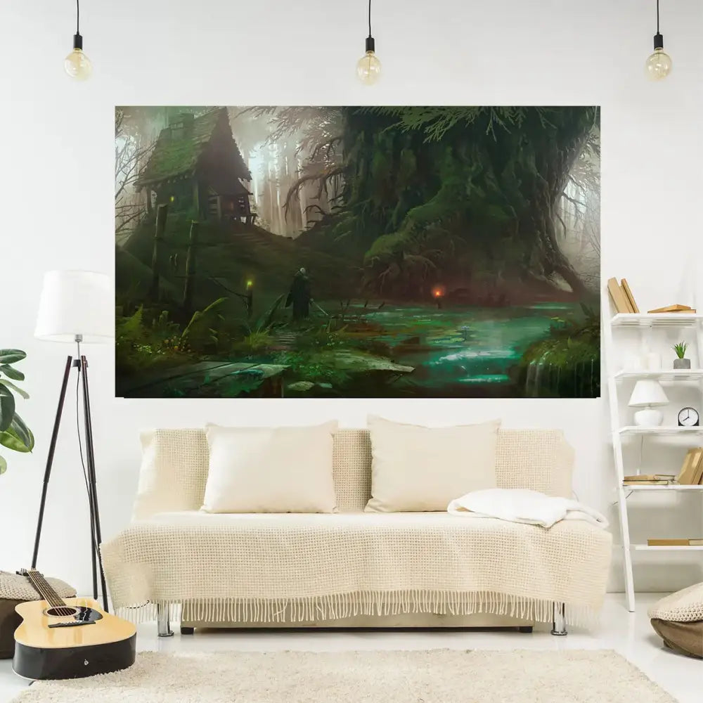 A large enchanted swamp tapestry depicting a mystical forest with mossy trees and an eerie cabin for living room decor