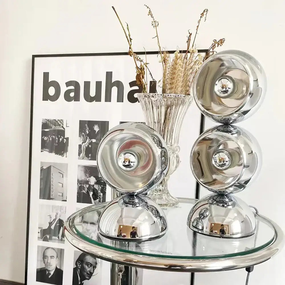 Engraved chrome yoyo dimmable led nordic table lamp with shiny chrome spherical design on glass table for bedroom decorbites dimmable led