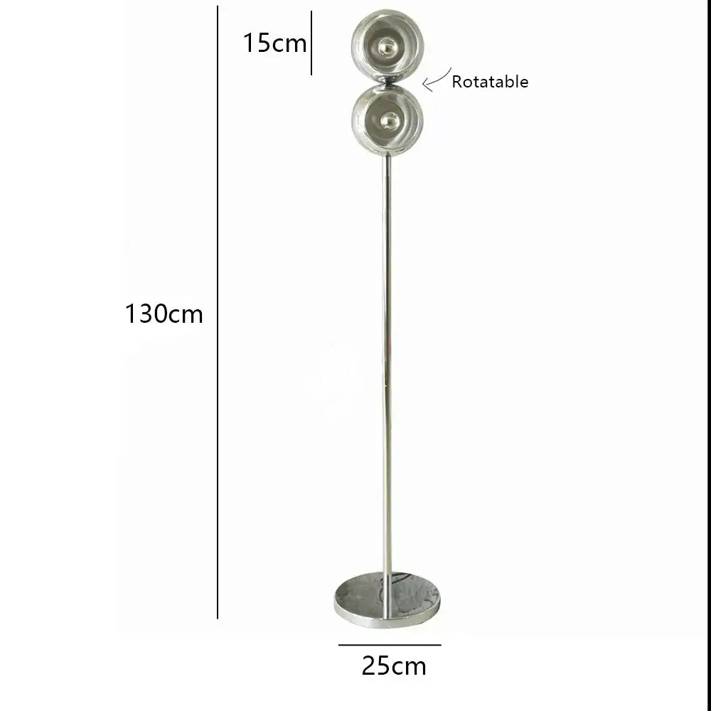 A sleek engraved chrome 130cm tall dimmable led nordic table lamp with two rotatable spherical light heads