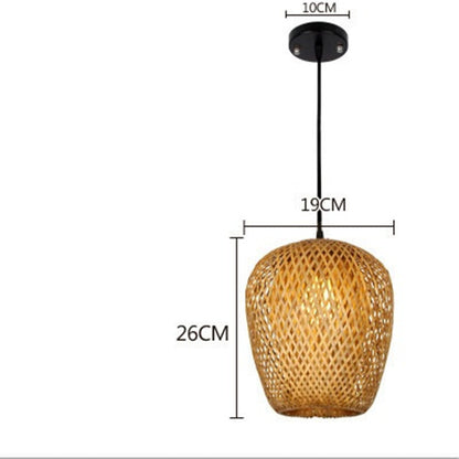 Rattan pendant light with a woven texture, 26cm in height and 19cm wide.