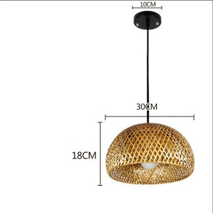 Rattan pendant light with black metal frame and cord, 30cm wide and 18cm deep.