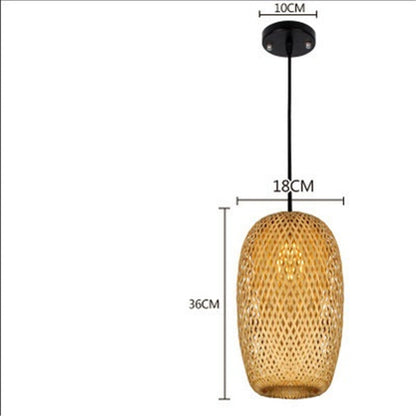 Golden woven pendant light with black metal frame and hanging chain, 36cm tall.