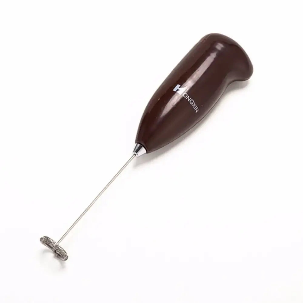 Ergonomic brown electric mini mixer frother with plastic handle and silver metal whisk attachment for coffee stirring
