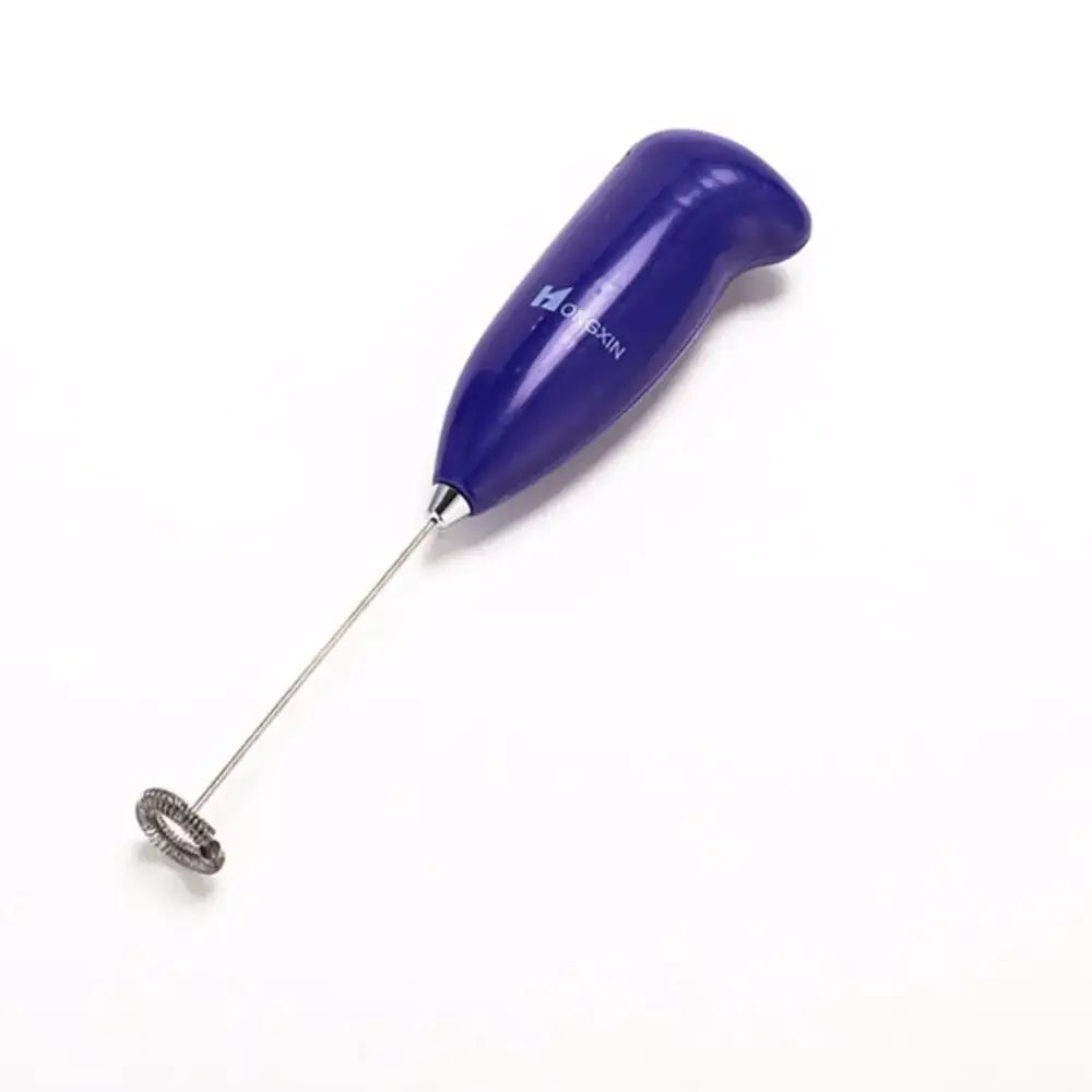 Blue plastic-handled electric mini mixer frother with metallic whisk attachment for ergonomic kitchen use