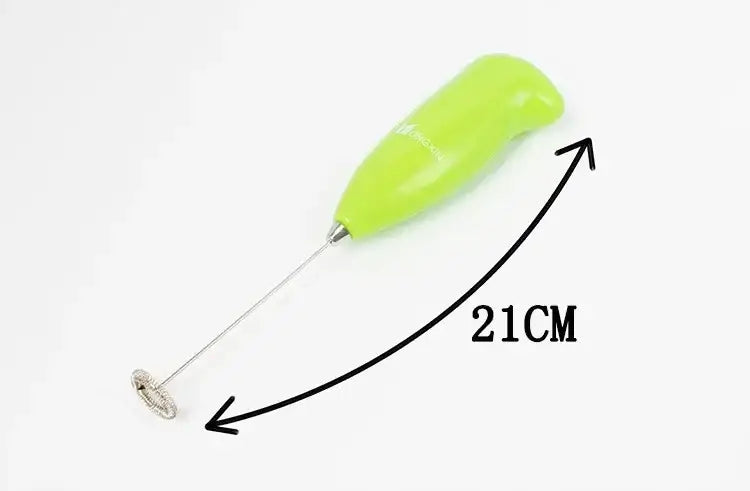 Lime green electric mini mixer frother with silver metal whisk and handle for ergonomic kitchen coffee stirring