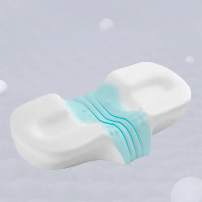 A white and light blue sanitary pad with textured absorbent center beside ergonomic gray butterfly memory foam pillow neck support