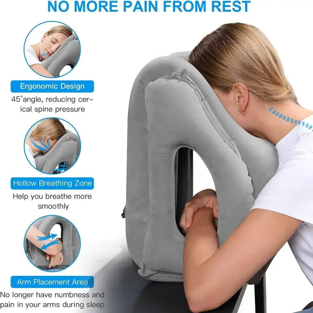 Ergonomic gray decorbites inflatable travel pillow with 45-degree angle neck support for spinal comfort