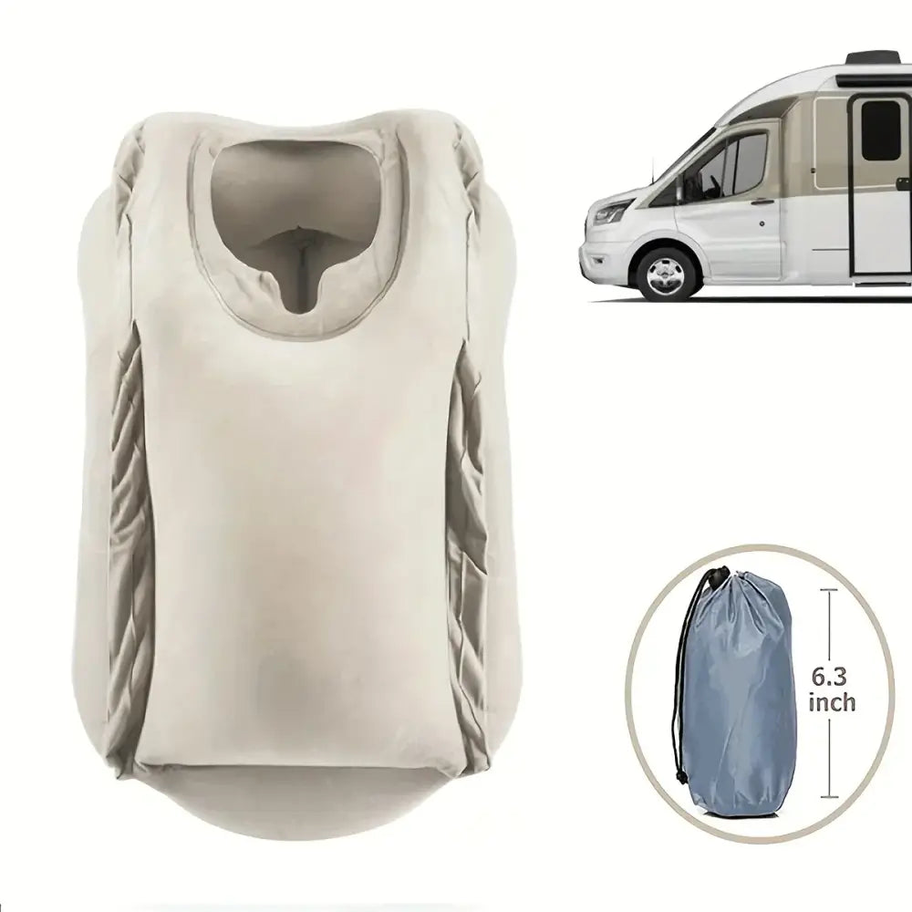 Beige inflatable travel pillow car seat cover with quilted side panels and built-in headrest opening by decorbites