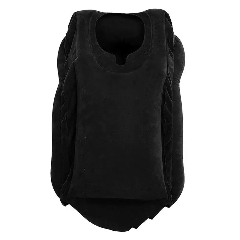 Black suede like vest with rounded neckline and stitched side panels shown with decorbites inflatable travel pillow for neck support