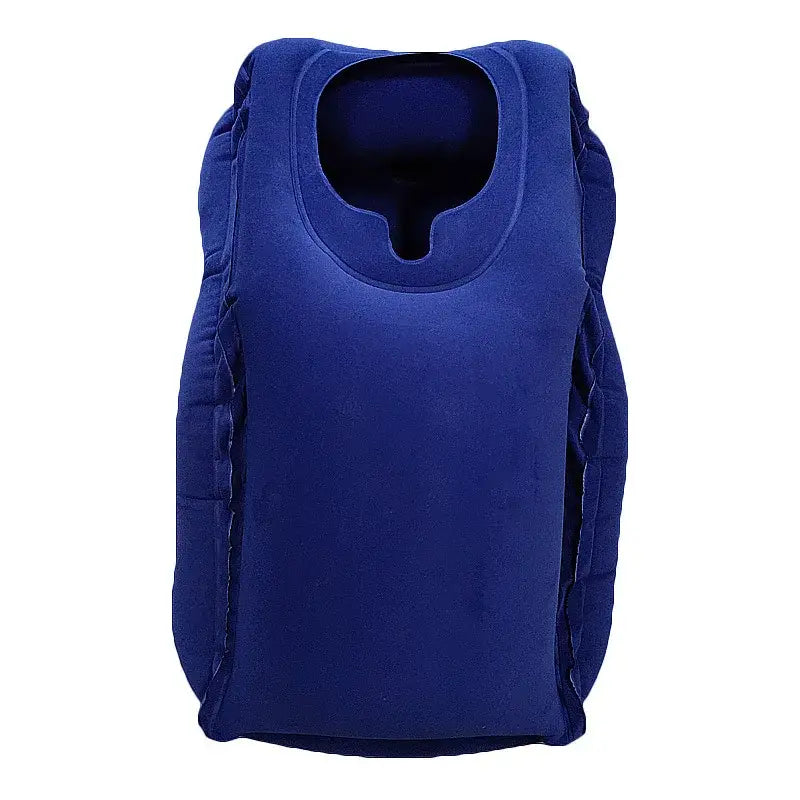 Blue padded vest with rounded neckline and quilted seams paired with ergonomic gray decorbites inflatable travel pillow