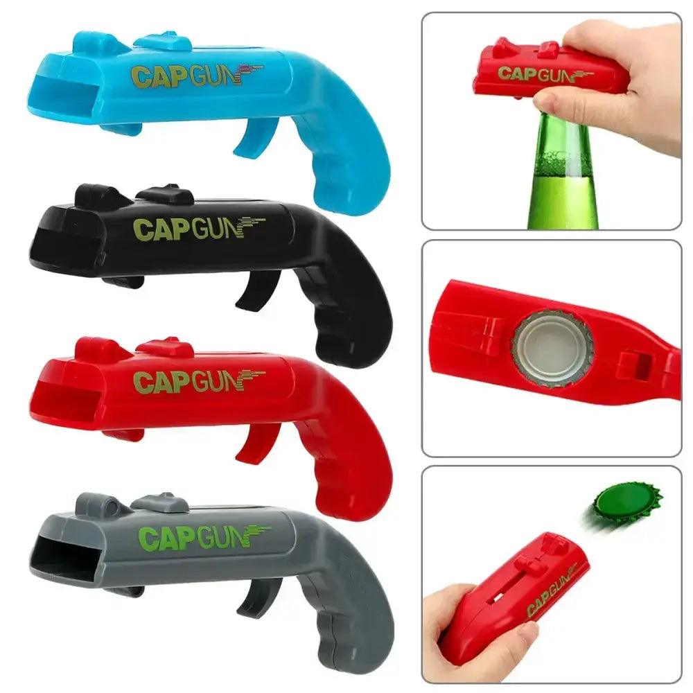 Ergonomic red and gray bottle opener gun designed as a colorful capgun style pistol for kitchen bar use