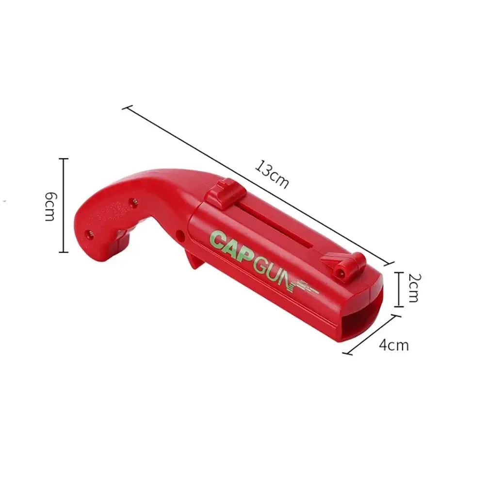 Ergonomic red plastic bottle opener gun with green lettering for kitchen and bar use
