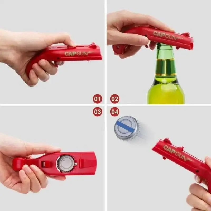 Ergonomic red plastic bottle opener gun with capgun branding for kitchen and bar fun