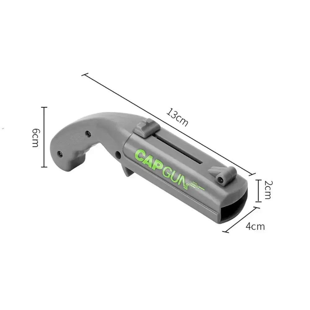 Gray plastic bottle opener gun with green capgun branding designed for ergonomic kitchen and bar use