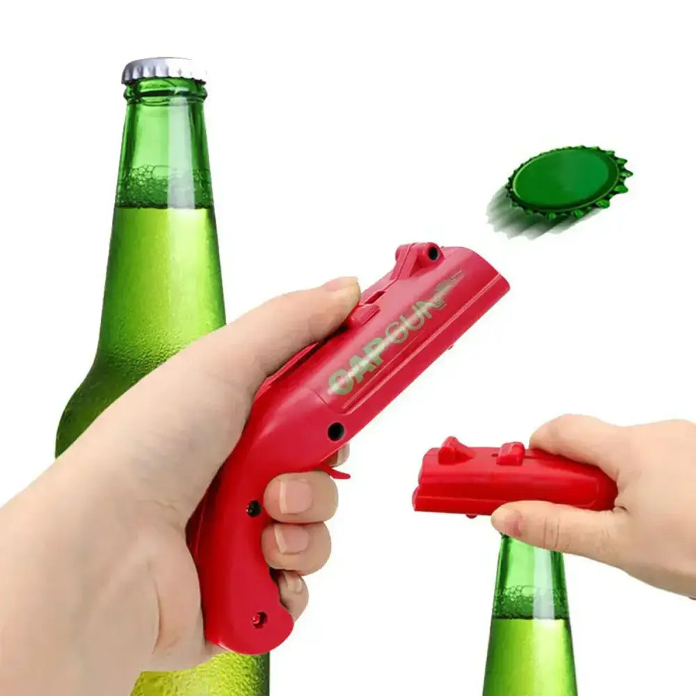 Ergonomic red plastic bottle opener gun with capsule branding designed for kitchen and bar use