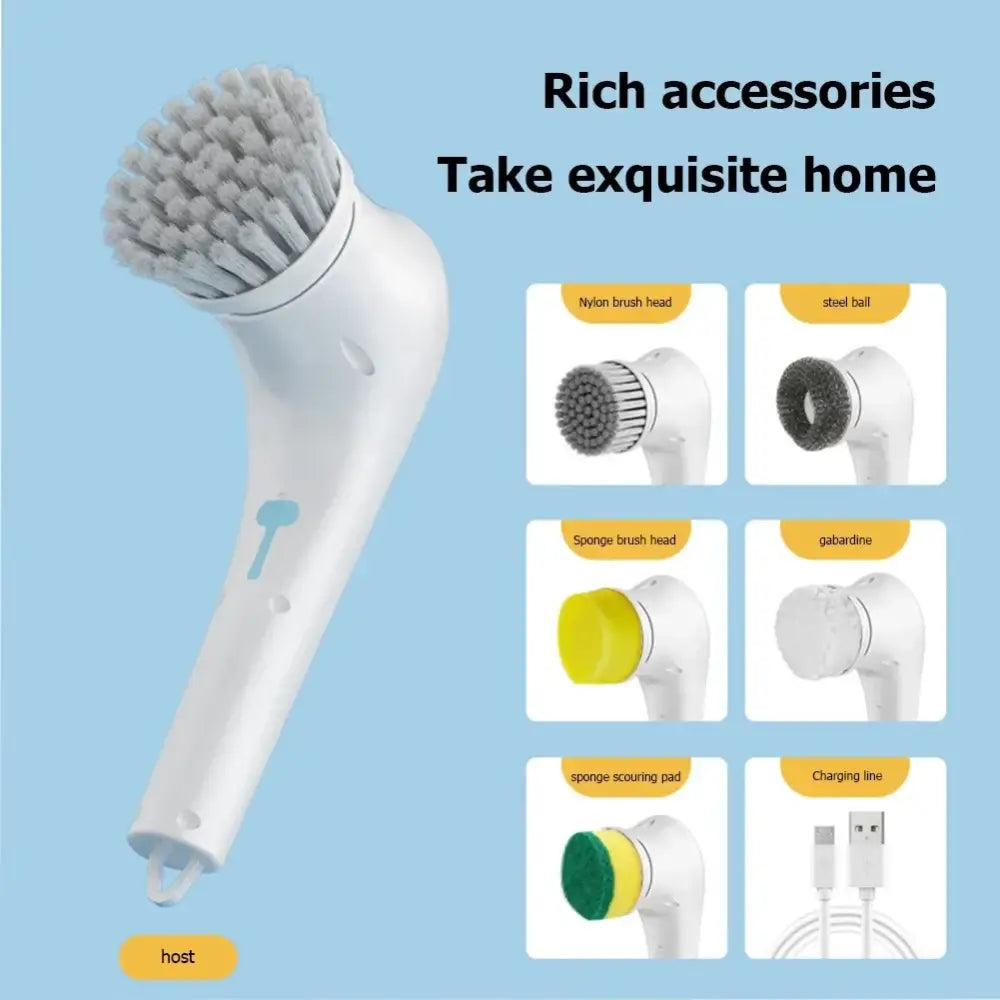 Ergonomic white electric cleaning brush with dense gray nylon bristles for kitchen and bathroom cleaning