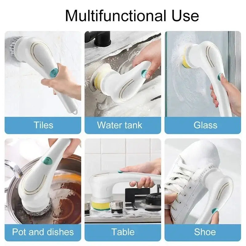 Ergonomic white electric cleaning brush with curved handle and soft bristles for kitchen and bathroom cleaning tasks