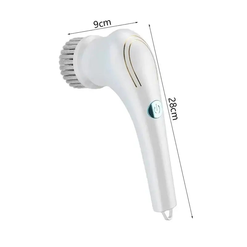 Ergonomic white electric cleaning brush with silver bristles designed for kitchen and bathroom cleaning