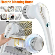 Ergonomic white electric cleaning brush with a sleek handle and soft bristles for efficient kitchen and bathroom scrubbing