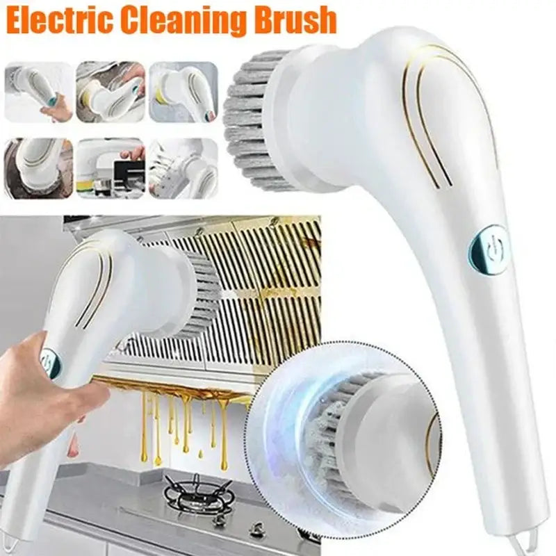 Ergonomic white electric cleaning brush with a sleek handle and soft bristles for efficient kitchen and bathroom scrubbing