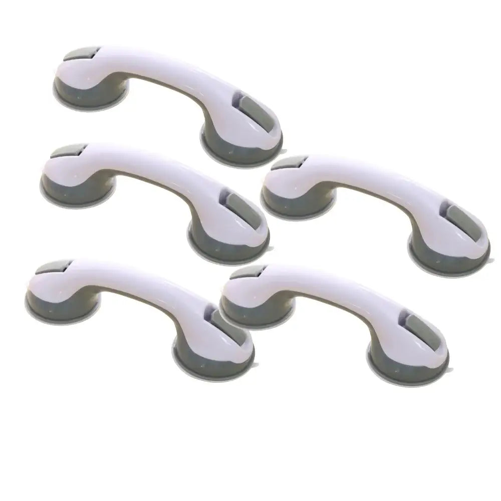 Ergonomic white and gray suction cup bathroom safety handles with a curved design for secure bathroom safety support
