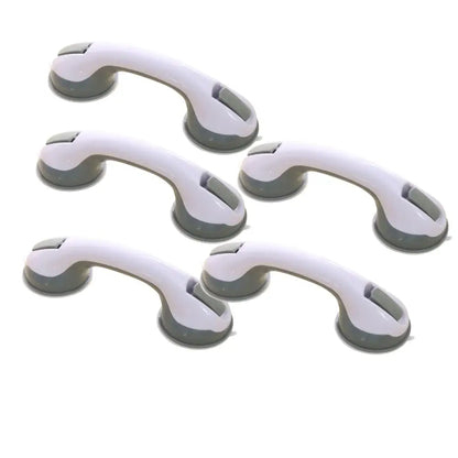 Ergonomic white and gray suction cup bathroom safety handles with a curved design for secure bathroom safety support