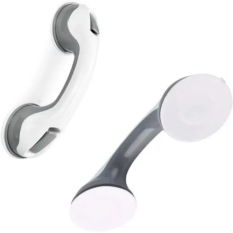 Ergonomic white and gray bathroom safety handle suction cup grab bar with sleek curved design for shower use