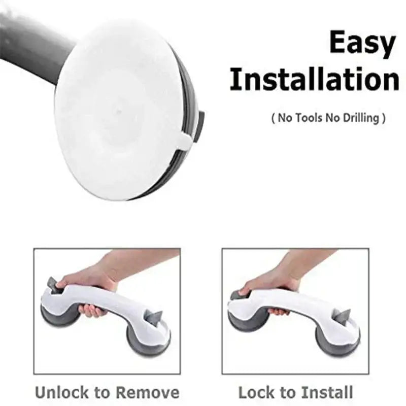 Ergonomic white and gray bathroom safety handle suction cup grab bar with easy tool-free installation for secure support