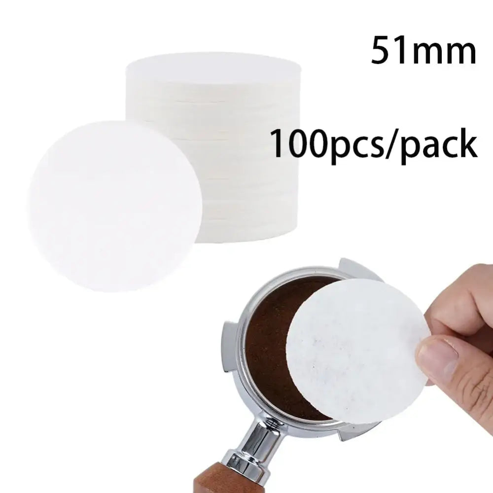 White circular espresso coffee filter papers 51mm diameter packaged in sets of 100 for kitchen portafilter use decorbites filter papers