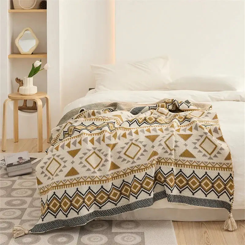 Cozy cream ethnic bohemian blanket with mustard geometric patterns and tassels for living room decorbites ethnic decor