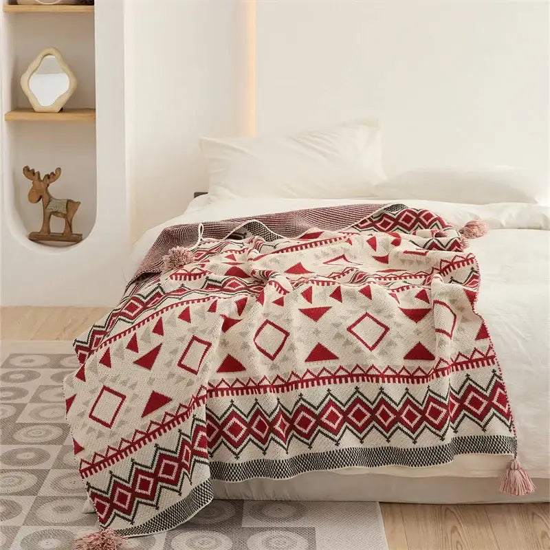 Red white and black geometric-patterned knit ethnic bohemian blanket with tassels for living room decorbites ethnic decor