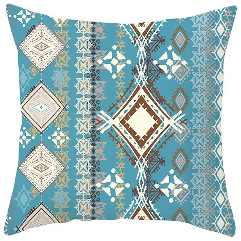 Turquoise pillow cover with cream brown and beige ethnic bohemian geometric patterns for living room decorbites decor