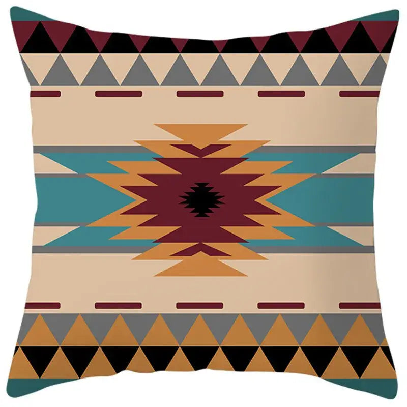 Beige pillow cover with ethnic bohemian geometric maroon teal and tan triangles and stripes for living room decor