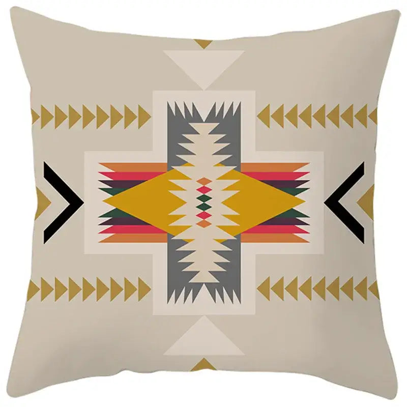 Beige pillow cover with bold ethnic bohemian geometric pattern in yellow gray black for living room decorbites decor