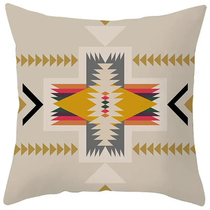 Beige pillow cover with bold ethnic bohemian geometric pattern in yellow gray black for living room decorbites decor