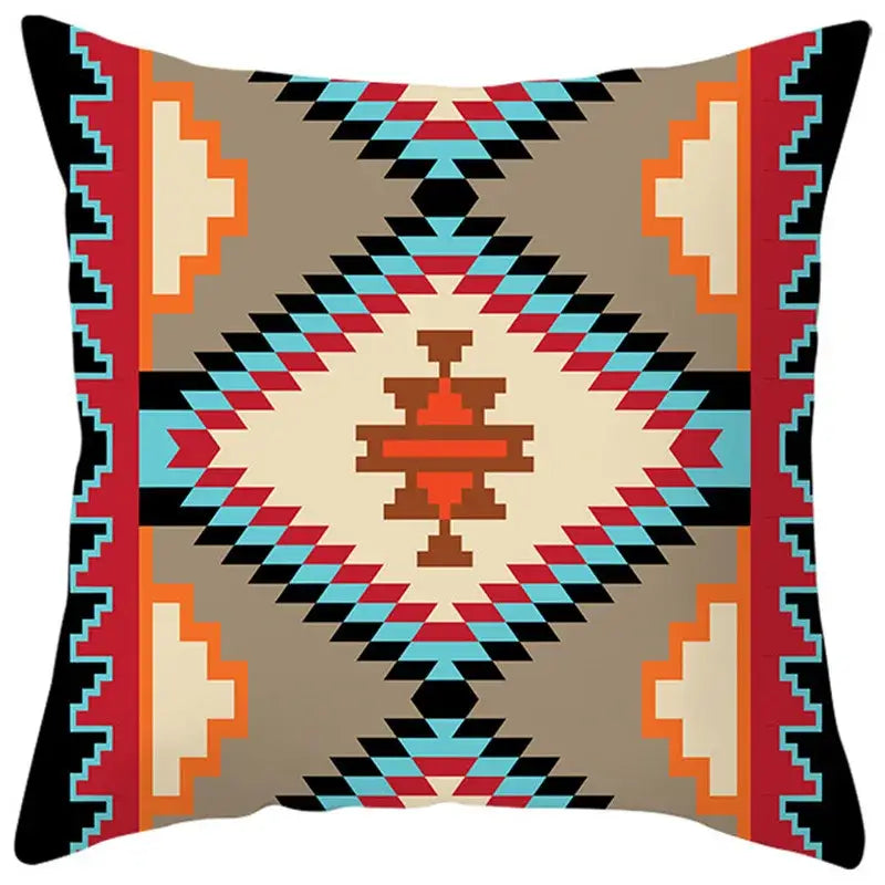 Square throw pillow cover with vibrant ethnic bohemian geometric pattern in red turquoise black beige and orange for decorbites decor