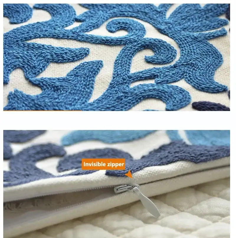 Blue embroidered floral pillow case with invisible zipper in ethnic floral canvas cotton for living room decorbites ethnic floral decor