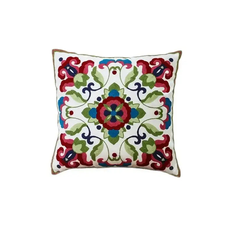 A square white ethnic floral canvas cotton pillow case with colorful embroidered floral patterns for living room decor