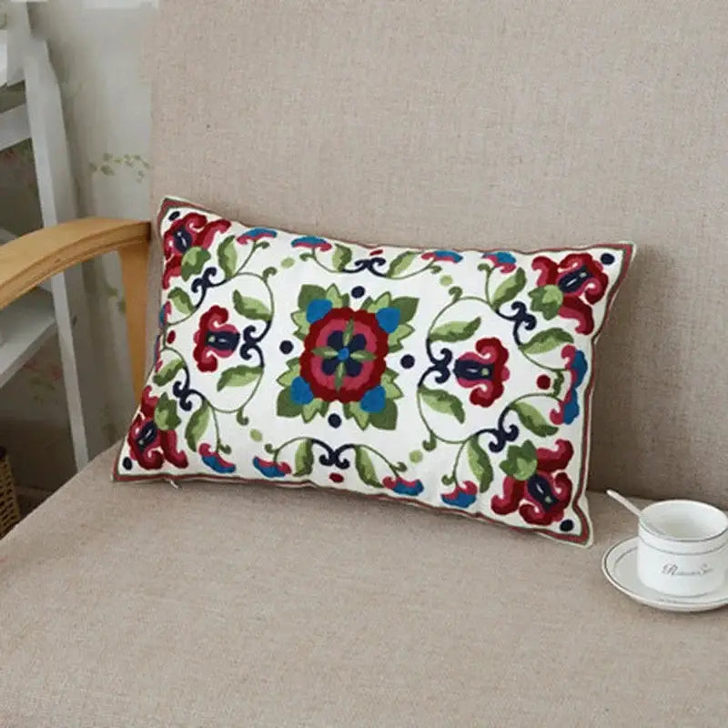 Ethnic floral canvas cotton pillow case with red green and blue embroidery on white for living room decorbites decor