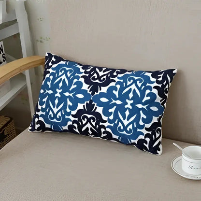 Blue and navy damask-patterned ethnic floral canvas cotton embroidered pillow case for living room decor by decorbites