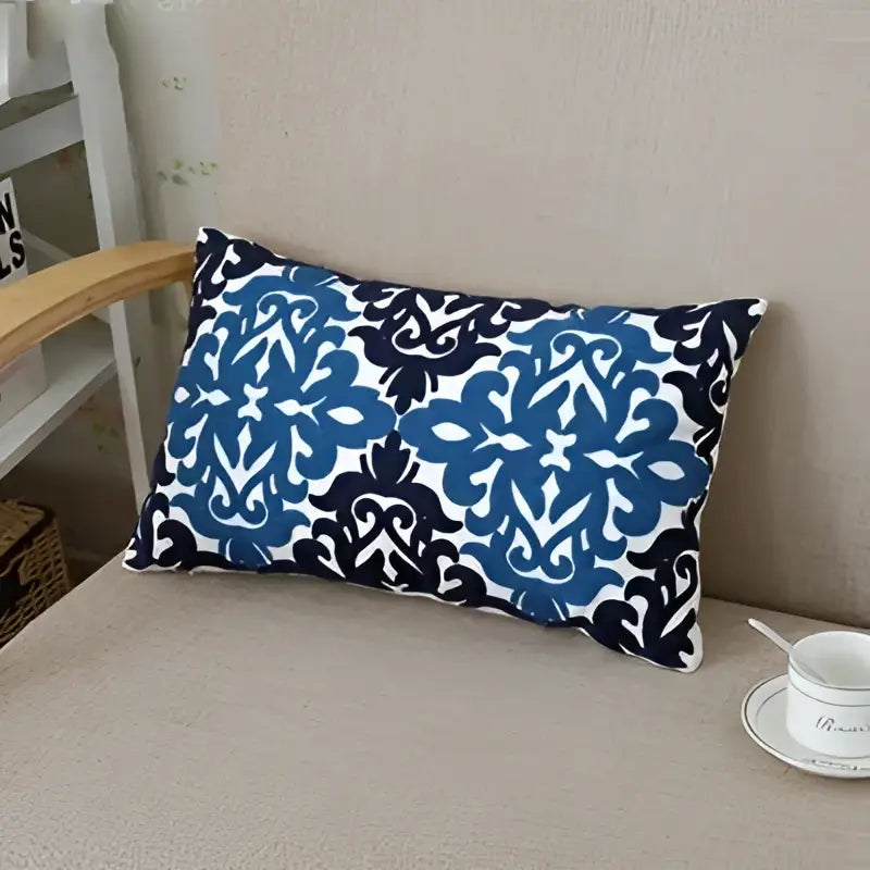 Blue and navy damask-patterned ethnic floral canvas cotton embroidered pillow case for living room decor by decorbites