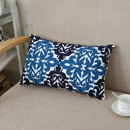 Ethnic floral canvas cotton embroidered pillow case with blue and navy floral pattern for living room decorbites ethnic floral decor
