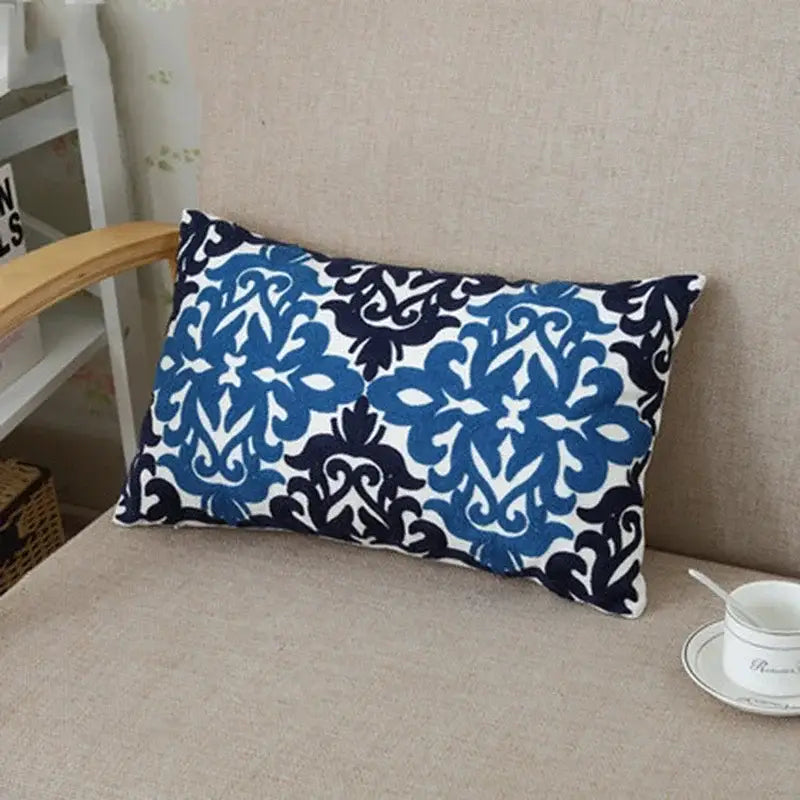 Ethnic floral canvas cotton embroidered pillow case with blue and navy floral pattern for living room decorbites ethnic floral decor