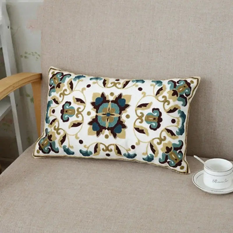 Ethnic floral canvas cotton pillow case with teal gold and brown embroidered patterns for living room decorbites decor