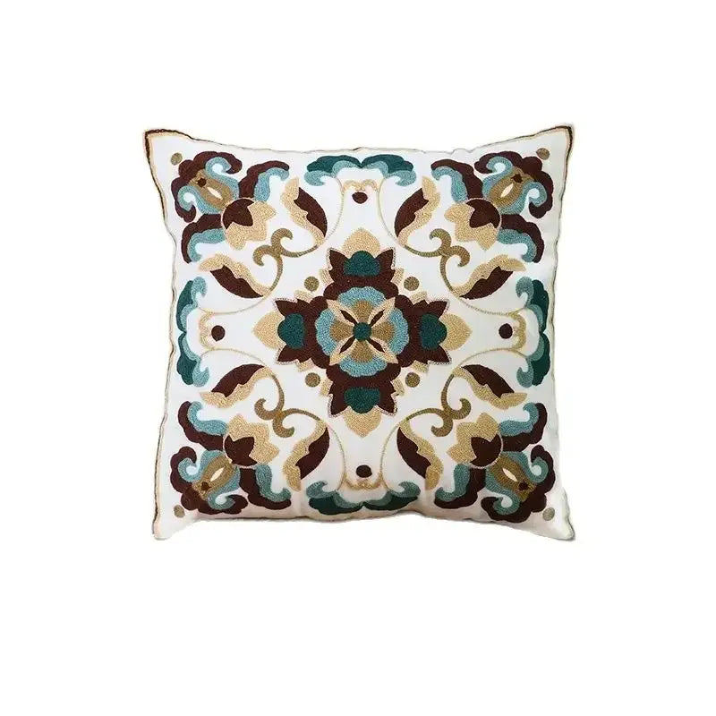 Ethnic floral canvas cotton pillow case with intricate teal gold and brown embroidery for living room decorbites ethnic floral decor