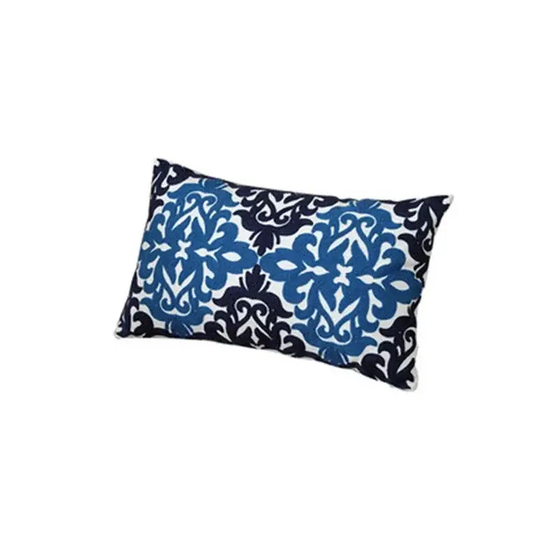 Rectangular pillow case with bold blue and black damask pattern on white ethnic floral canvas cotton for living room decorbites decor
