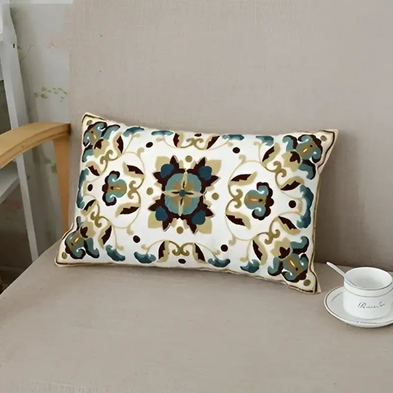 Rectangular ethnic floral canvas cotton pillow case with teal gold and dark blue embroidery for living room decorbites decor