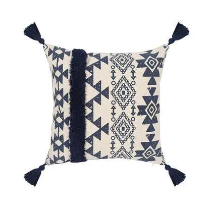 Cream-colored ethnic geometric printed cushion cover with navy blue patterns tassels and central vertical fringe for living room decorbites ethnic geometric